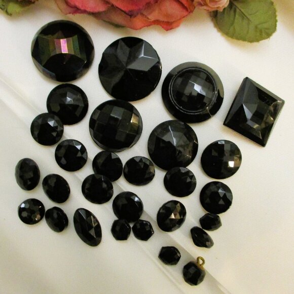 ANTIQUE Faceted French Jet Buttons: VICTORIAN Edwardian Black Glass Button Lot - Picture 2 of 12